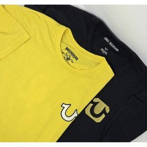 True Religion Mens Size Medium T-Shirts Graphic Print Tees Lot of 2 Yellow Black